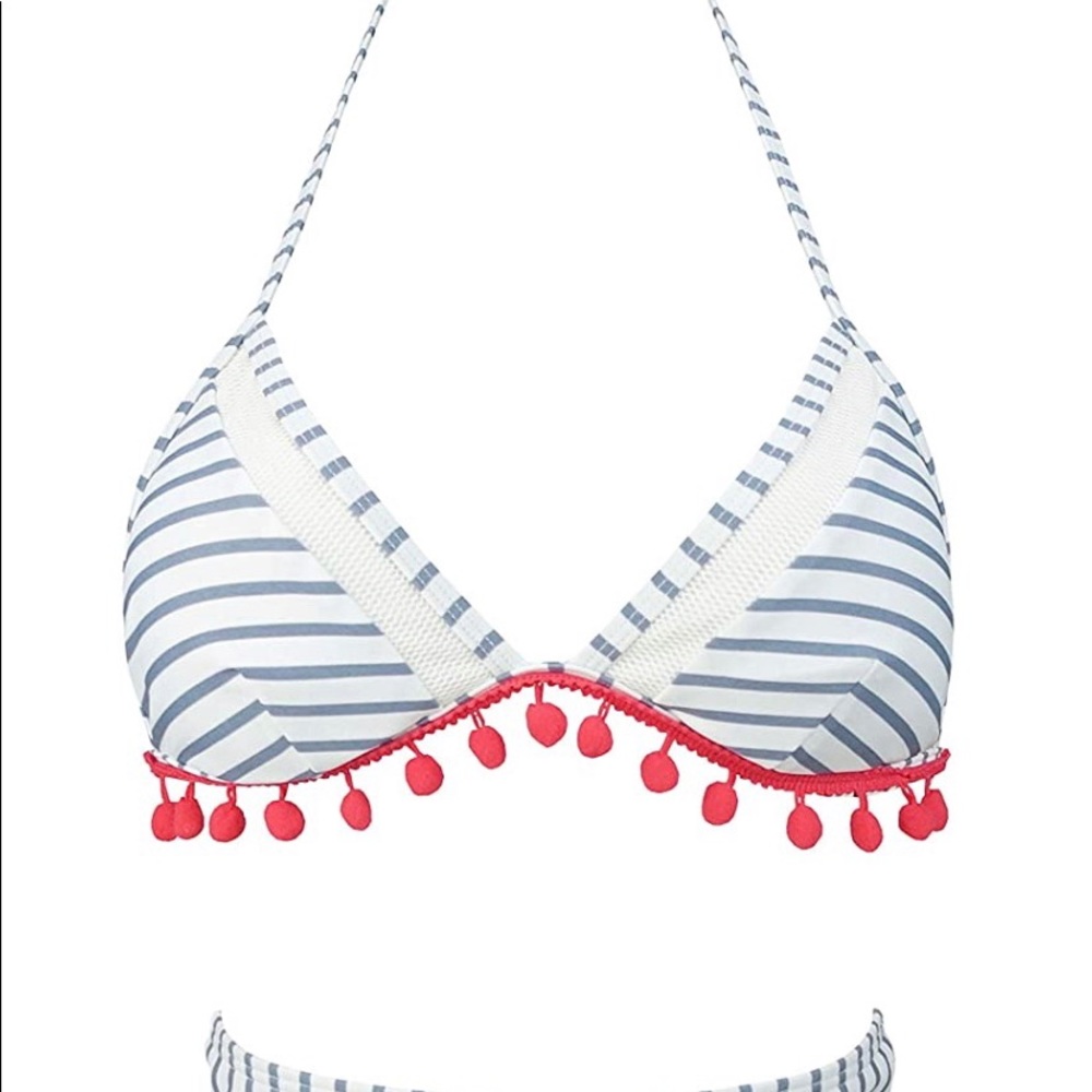 NWT Cocoship Pom Pom Bikini White Blue Stripped